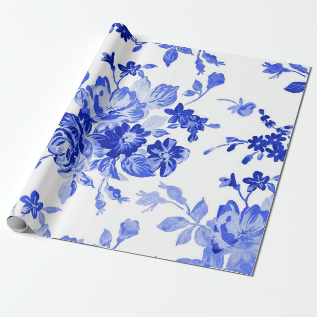 Beautiful vintage blue floral pattern wrapping paper (Unrolled)