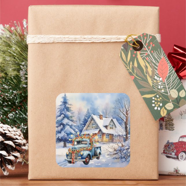 Beautiful Vintage Blue Truck Winter Farmhouse Square Sticker (Holiday)