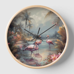 beautiful vintage botanical painting flamingos clock