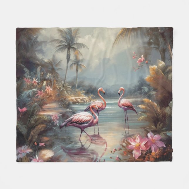 beautiful vintage botanical painting flamingos fleece blanket (Front (Horizontal))