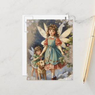 Beautiful Vintage Christmas Fairies and a Dog Postcard