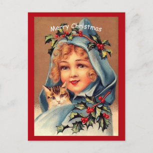 Beautiful Vintage Christmas Little Girl & Cat copy Postcard