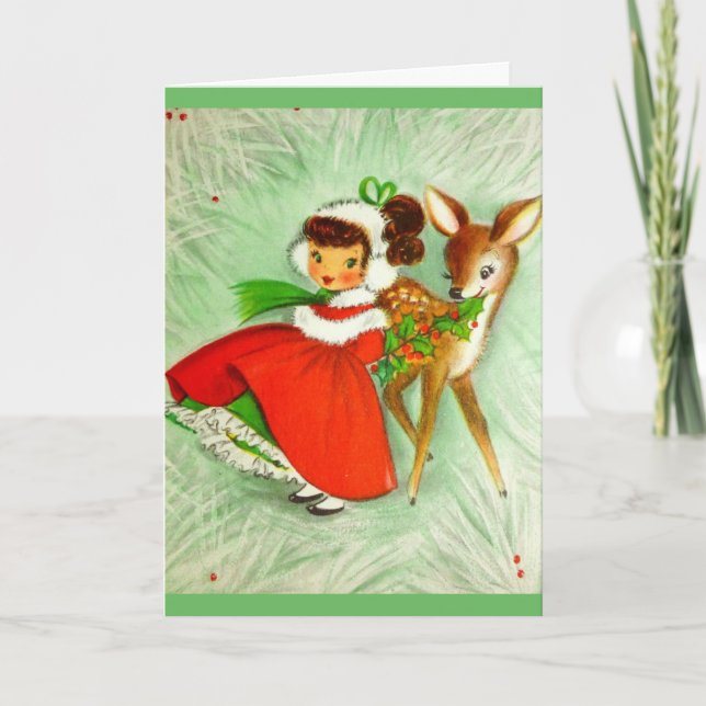 Beautiful Vintage Christmas Reindeer  &  Girl Holiday Card (Front)
