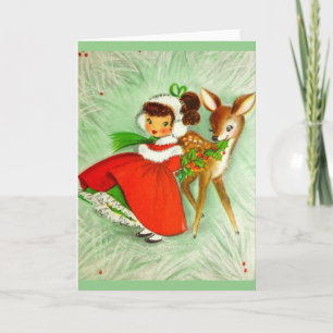 Beautiful Vintage Christmas Reindeer & Girl Holiday Card