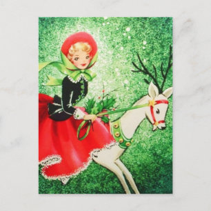 Beautiful Vintage Christmas Reindeer & Girl Holiday Postcard