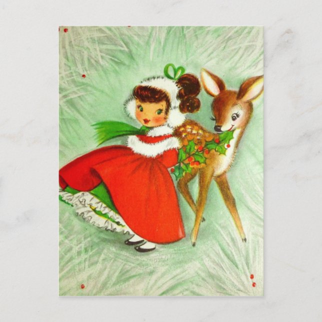 Beautiful Vintage Christmas Reindeer  &  Girl Holiday Postcard (Front)