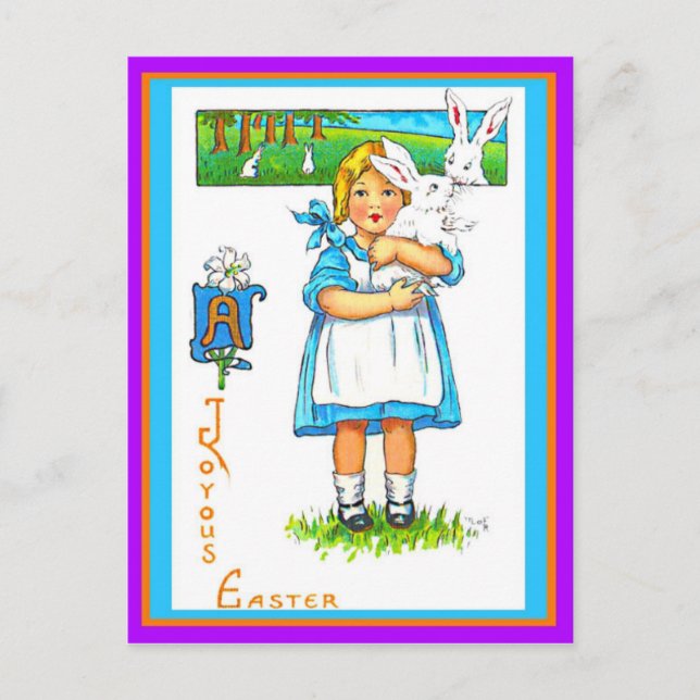 Beautiful Vintage Easter Girl  & Easter Bunny copy Postcard (Front)