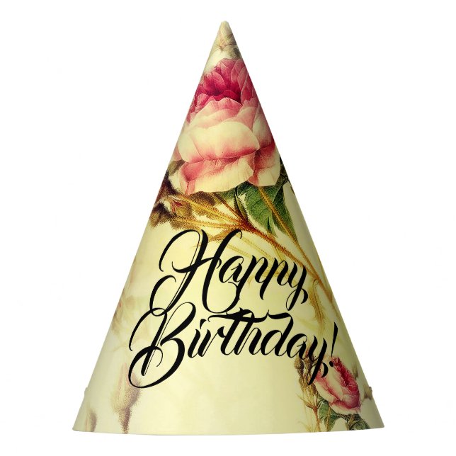 Beautiful Vintage Floral Happy Birthday Party Hat (Front)