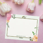 Beautiful Vintage Floral Personalised Stationary Card<br><div class="desc">Pretty pink and orange flowers with green vines decorate this beautiful vintage floral note card. Personalise this desk stationary for an old fashioned receptionist or girly friend who loves monogram gifts.</div>