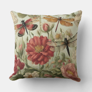 Beautiful Vintage Flowers and Dragonflies Cushion