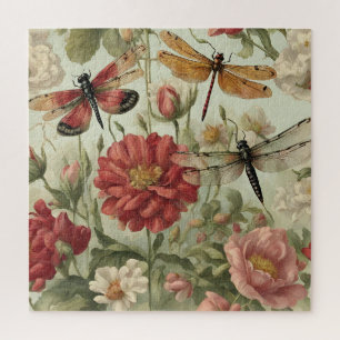 Beautiful Vintage Flowers and Dragonflies Jigsaw Puzzle