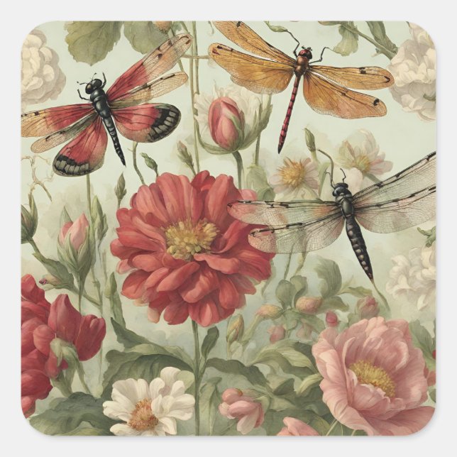 Beautiful Vintage Flowers and Dragonflies  Square Sticker (Front)