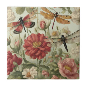 Beautiful Vintage Flowers and Dragonflies Tile