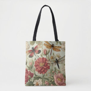 Beautiful Vintage Flowers and Dragonflies Tote Bag