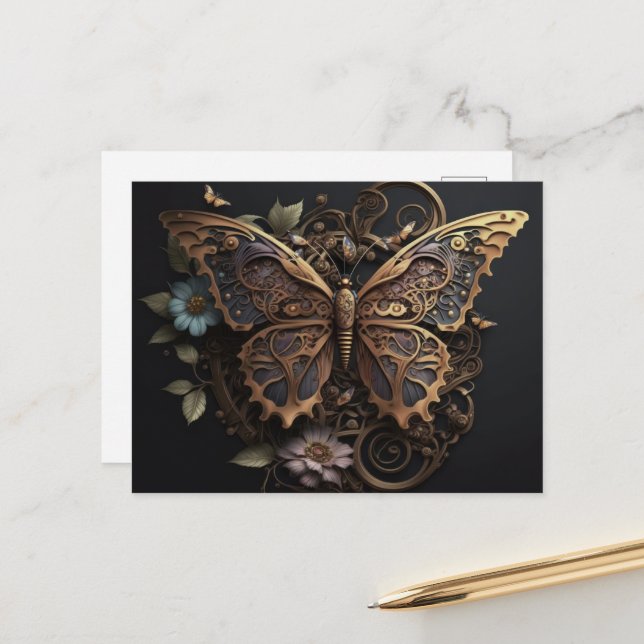 Beautiful Vintage Flowers Steampunk Butterfly Postcard (Front/Back In Situ)