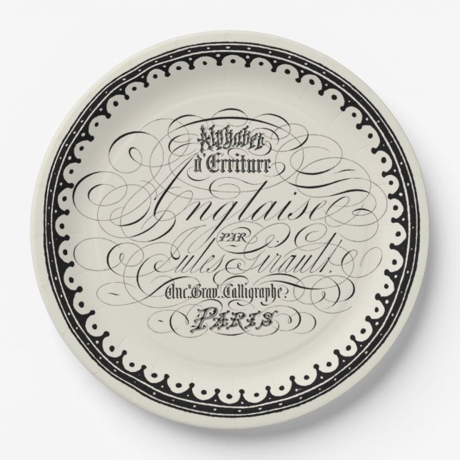 Beautiful Vintage French Calligraphy On Beige Paper Plate (Front)