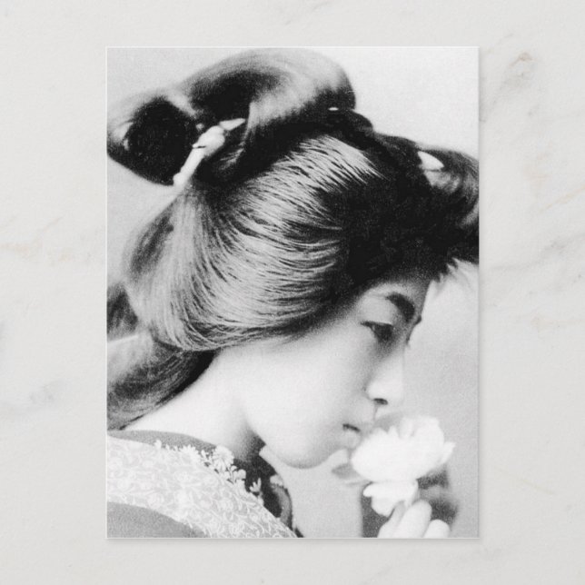 Beautiful Vintage Geisha Smelling a Flower Japan Postcard (Front)