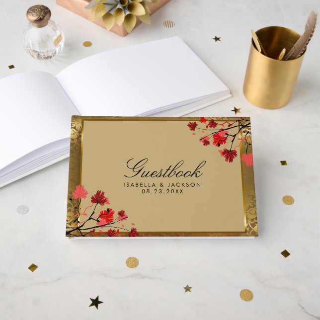 Beautiful Vintage Gold Damask Wedding Guest Book (Front Open)