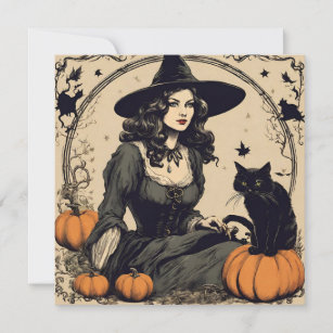 Beautiful Vintage Halloween Witch with Black Cat Card