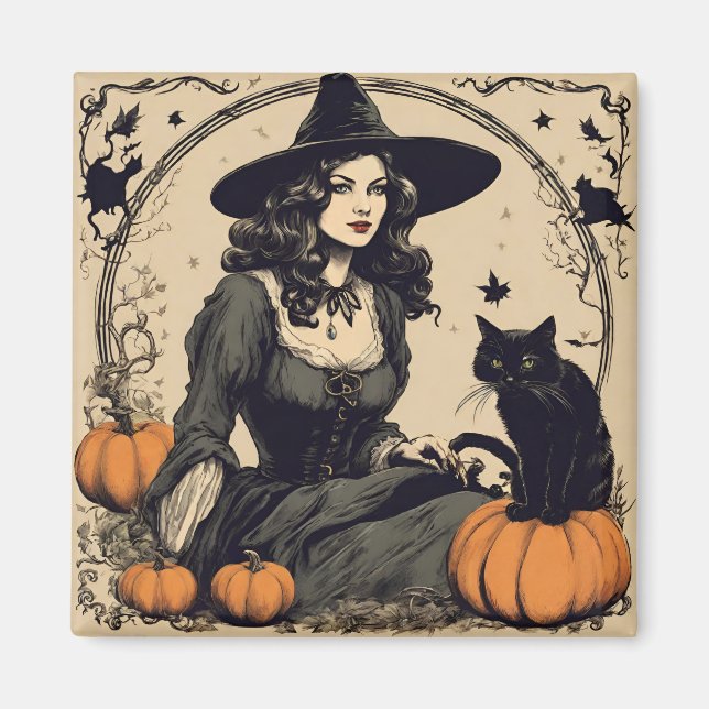 Beautiful Vintage Halloween Witch with Black Cat Magnet (Front)