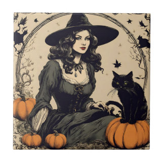 Beautiful Vintage Halloween Witch with Black Cat Tile