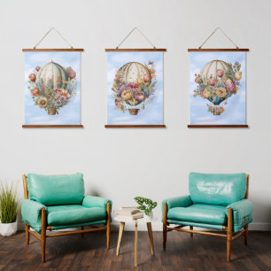 Beautiful Vintage Hot Air Balloons and Flowers Hanging Tapestry