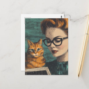 Beautiful Vintage Lady and Her Cat Reading Postcard