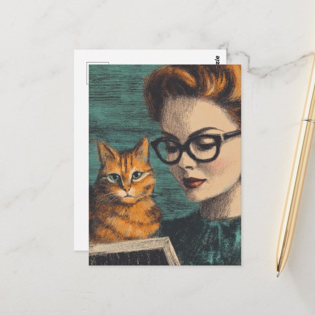 Beautiful Vintage Lady and Her Cat Reading Postcard (Front/Back In Situ)