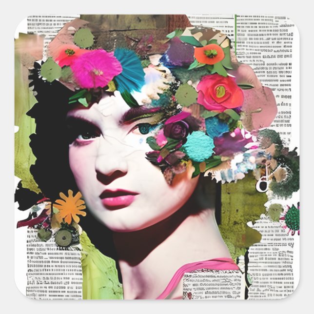 Beautiful Vintage Lady Paper Collage Newspaper Square Sticker (Front)