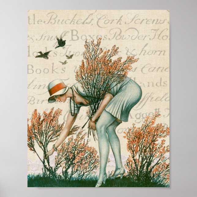 Beautiful vintage lady picking flowers script text poster (Front)