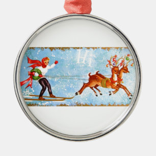 Beautiful Vintage Mid Century Reindeer & Girl Metal Tree Decoration