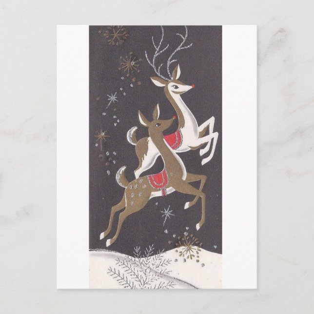Beautiful Vintage Mid Century Reindeer Postcard (Front)
