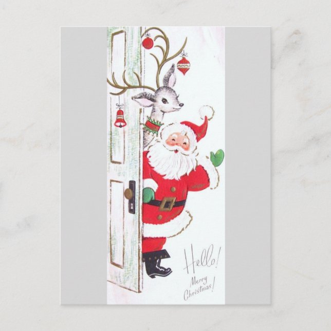 Beautiful Vintage Mid Century Santa & Reindeer Holiday Postcard (Front)