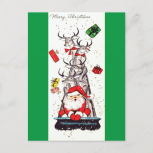 Beautiful Vintage Mid Century Santa & Reindeer Holiday Postcard