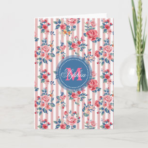 Beautiful  vintage monogram roses floral stripes note card