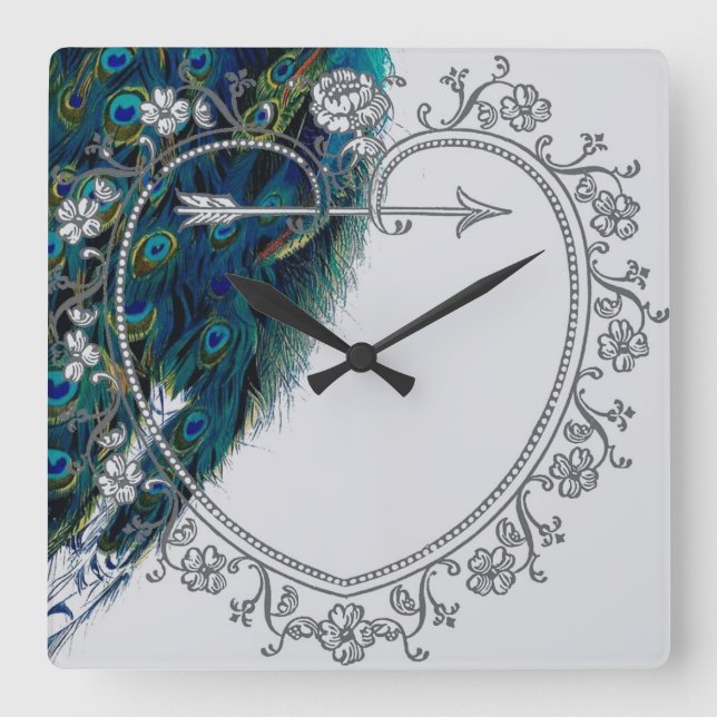 Beautiful vintage peacock art personalised square wall clock (Front)