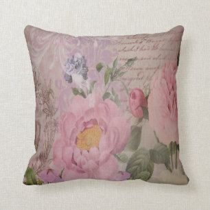 Beautiful vintage pink and blue roses and flowers cushion