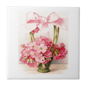 Beautiful Vintage Pink Flower Roses in Basket Tile