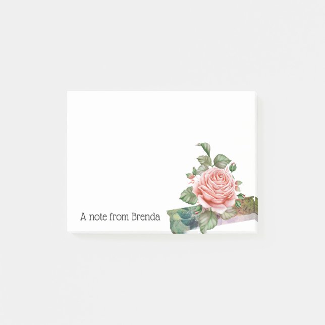 Beautiful Vintage Pink Rose Personalised Post-it Notes (Front)