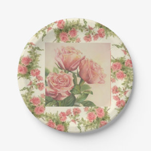 Beautiful Vintage Pink Roses Party Paper Plate