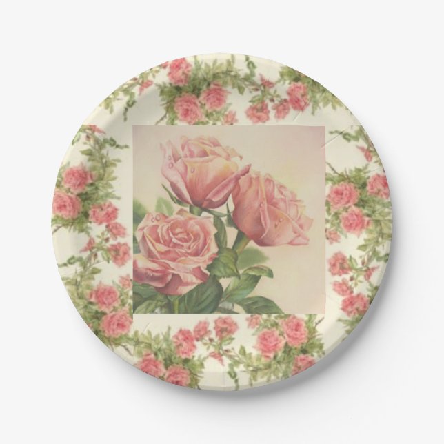 Beautiful Vintage Pink Roses Party Paper Plate (Front)