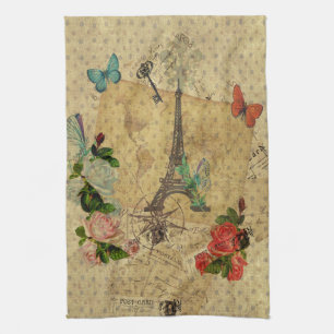 Beautiful vintage post cards collage Eiffel tower Tea Towel