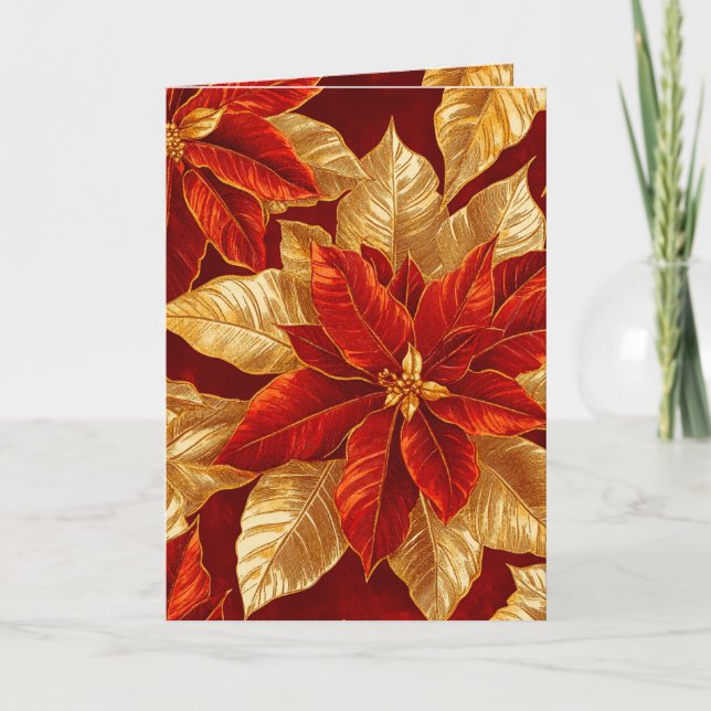 Beautiful Vintage Red Gold Poinsettias Christmas Holiday Card (Front)
