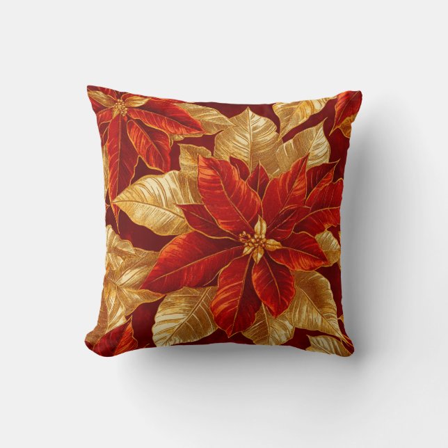 Beautiful Vintage Red Gold Poinsettias Cushion (Front)