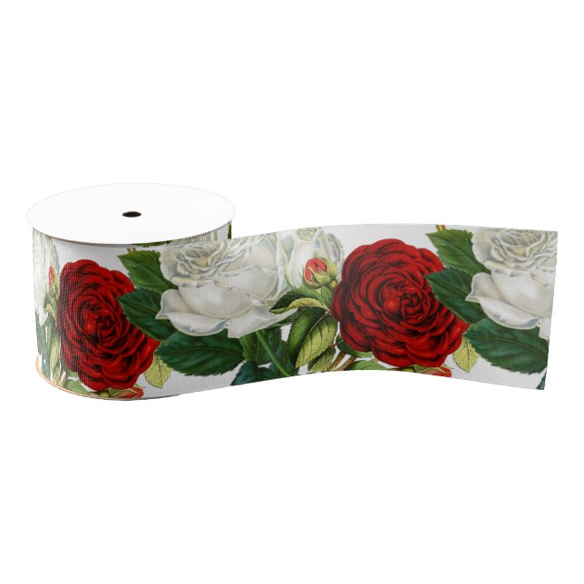 Beautiful Vintage Red & White Rose  Grosgrain Ribbon (Spool)