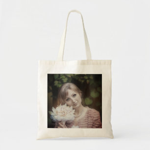 Beautiful vintage retro effect gilr with bouquet f tote bag