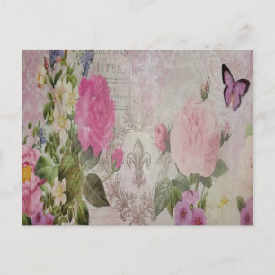 Beautiful vintage roses butterfly fleur de lis postcard