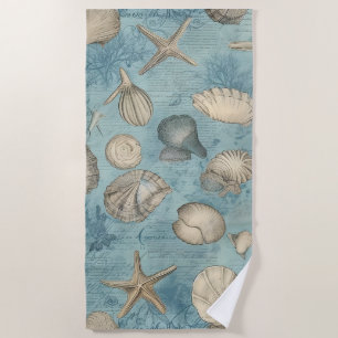 Beautiful Vintage Seashells In Blue Beach Towel
