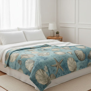 Beautiful Vintage Seashells In Blue Fleece Blanket