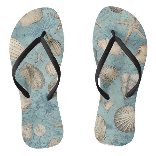 Beautiful Vintage Seashells In Blue Flip Flops (Footbed)